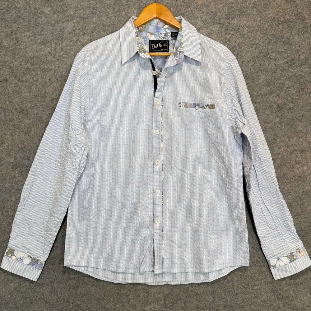 DaVinci Seersucker Button Shirt Mens Large Floral Light Blue Striped